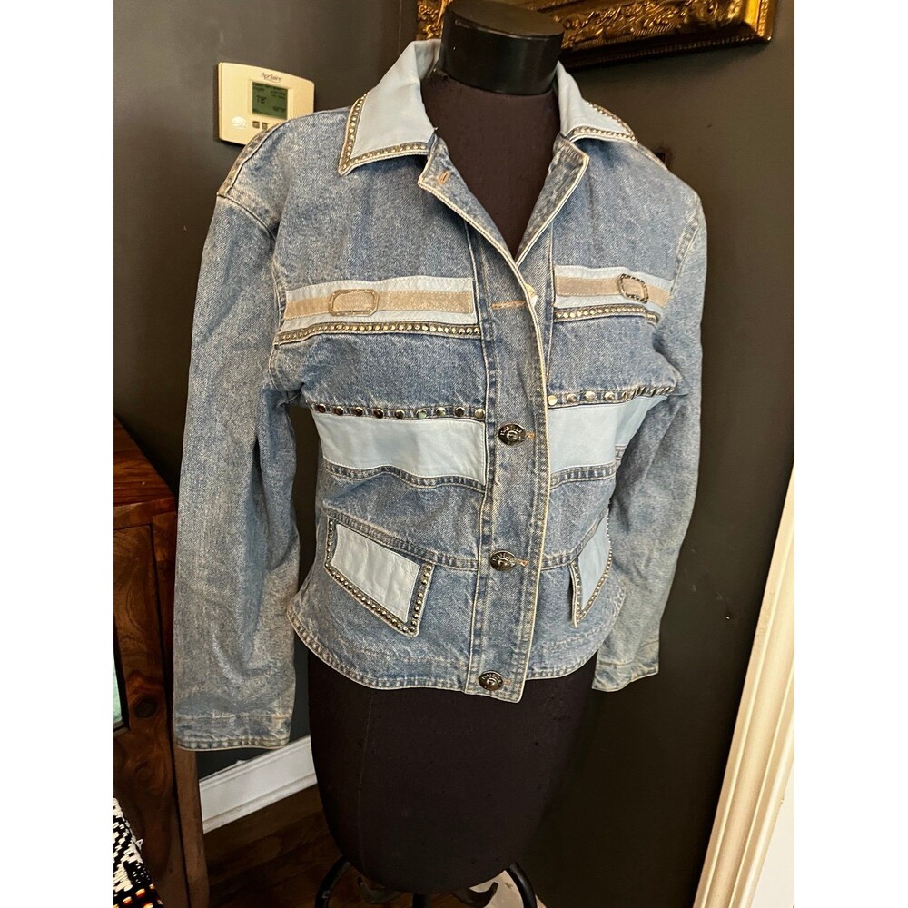 Vintage 90’s Y2K Cache’ by Isabella Sole Denim Leather Patchwork Studs Jacket M - Picture 3 of 9